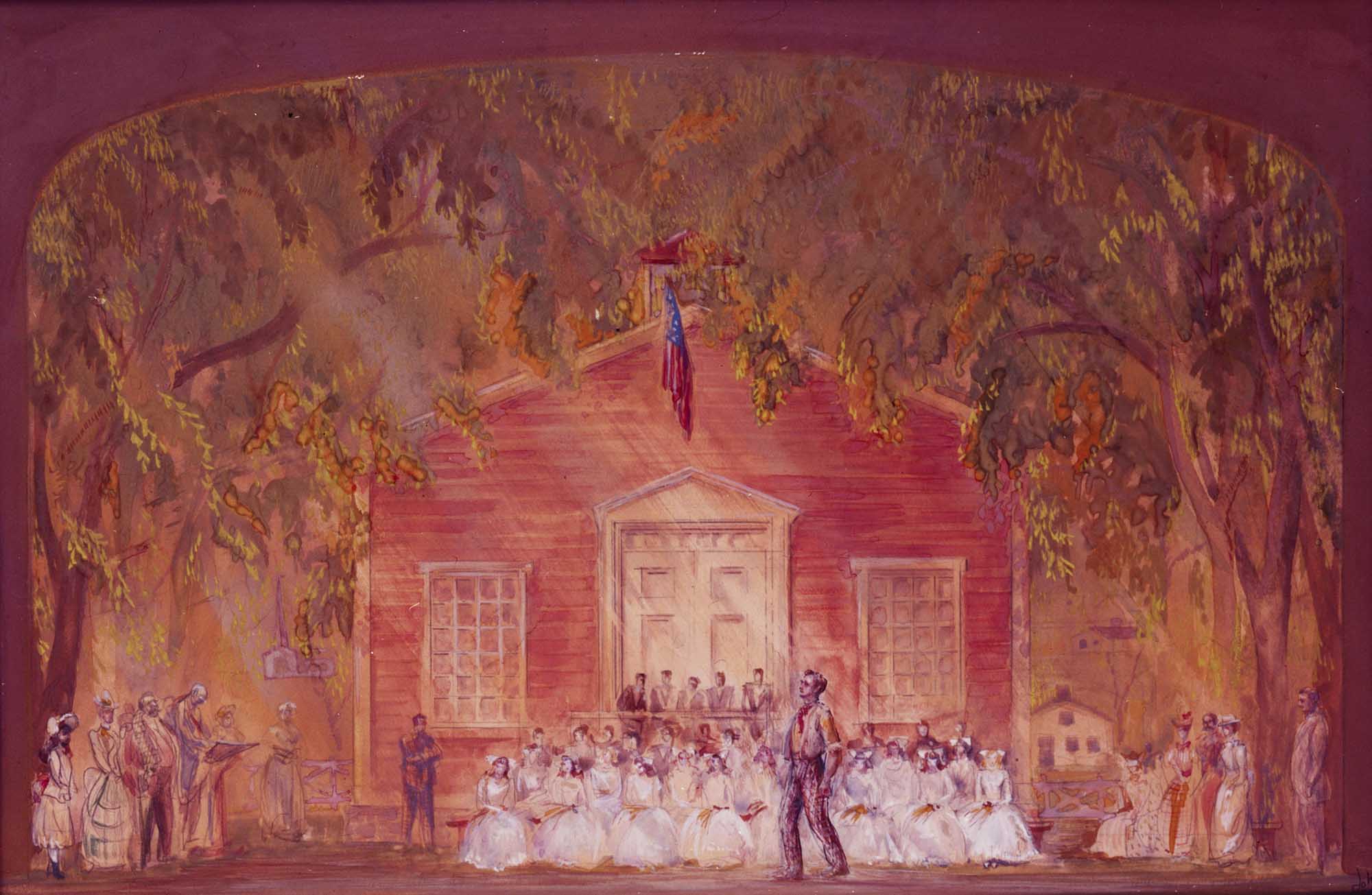 A set design rendering from the 1945 Broadway production of Carousel.