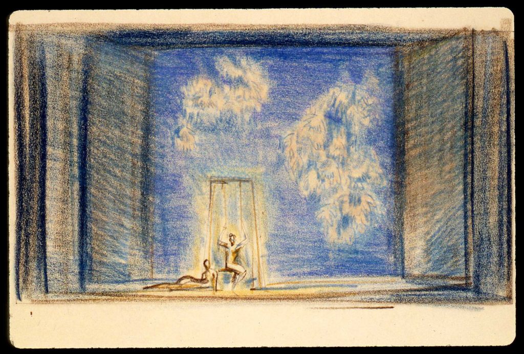 A set design rendering from the 1947 Broadway production of Allegro.